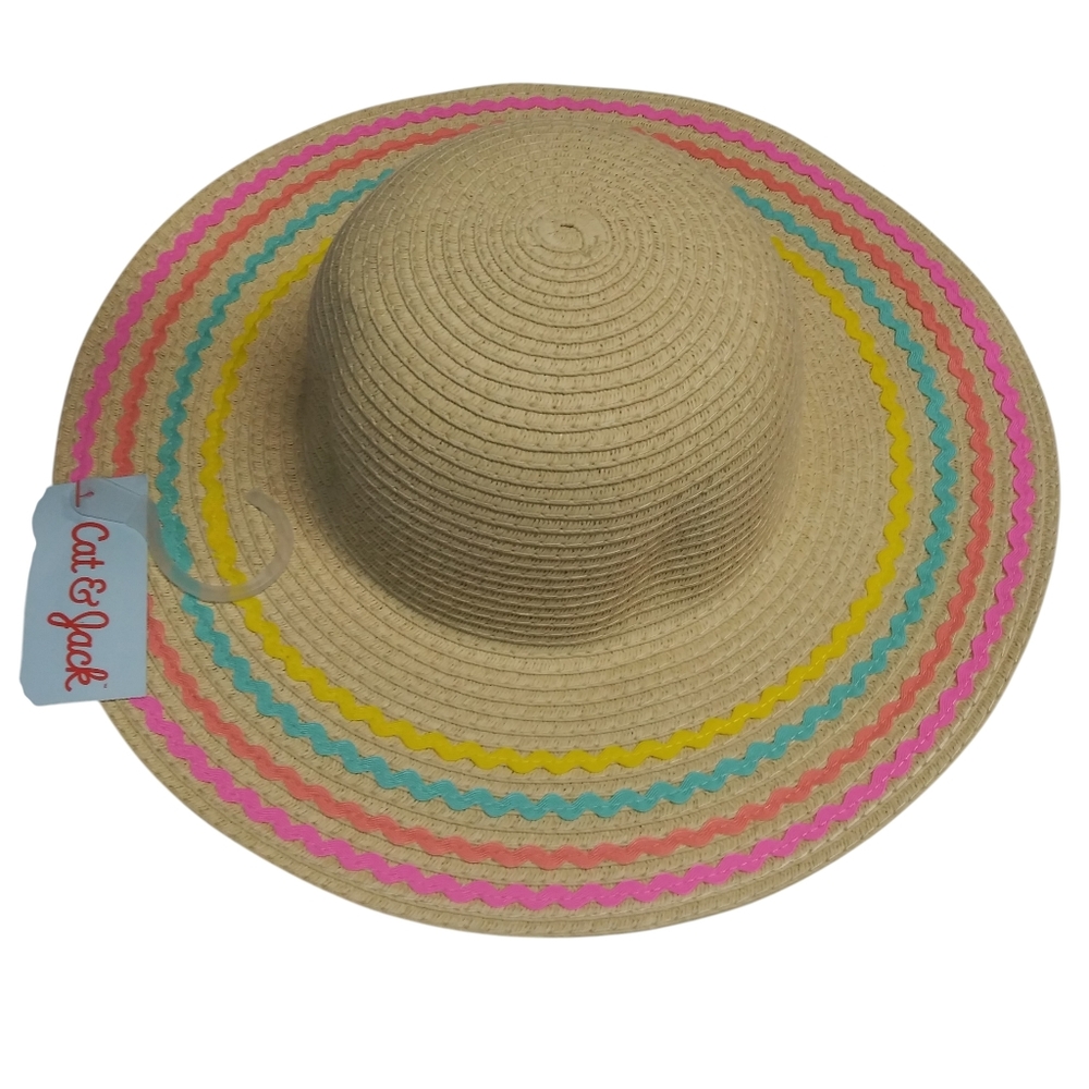 Cat & Jack Off-White Girls' Paper Straw Floppy Hat with Ric Rac NWT OSFM